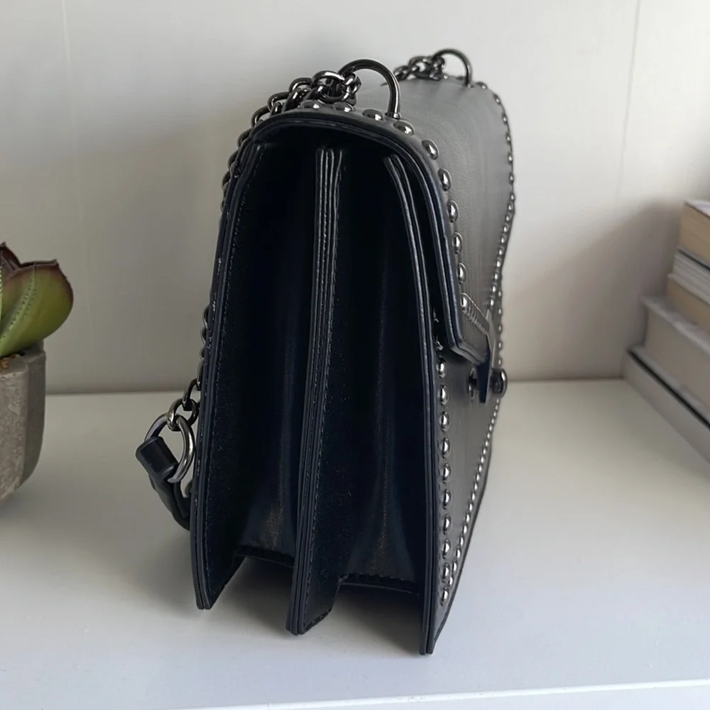 Studded Black Leather Crossbody Bag - Women's Shoulder Purse - Picture 7 of 9